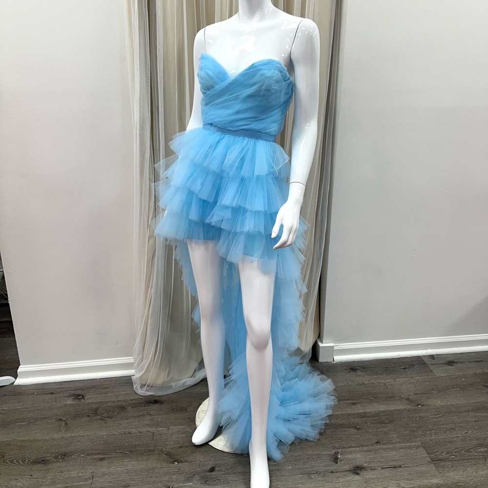Layered Tulle High Low Strapless Mini Dress with Train Baby Blue Sz Small Party